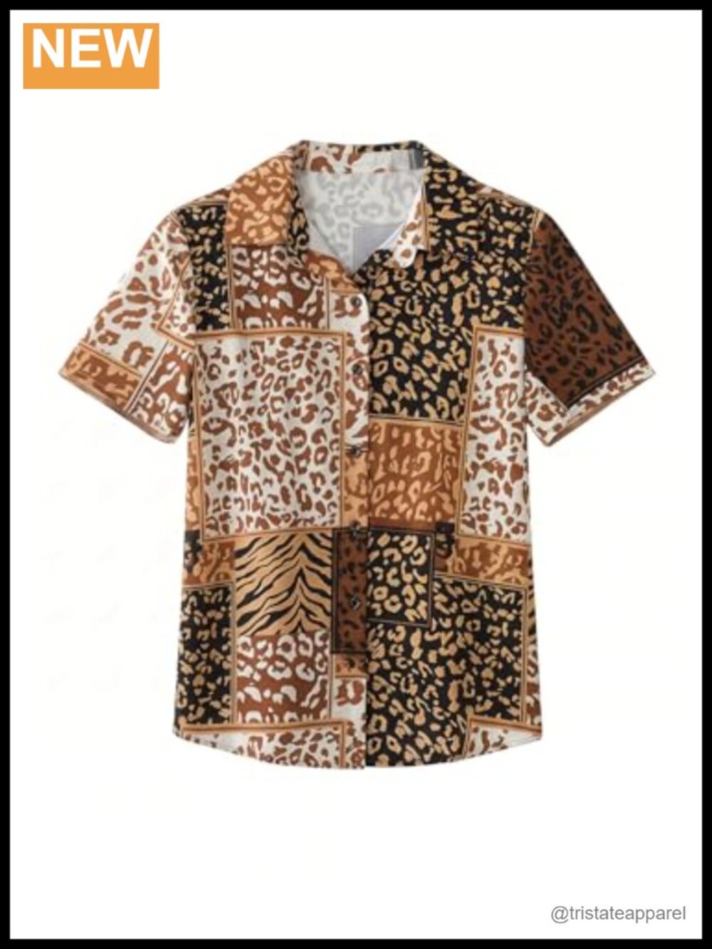 Leopard Print Color Block Button Down Blouse Short Sleeve Collared Summer Top